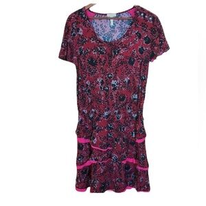 Matilda Jane Halena Dress Medium Boho Floral Ruffles Hot Pink Maroon Black Midi